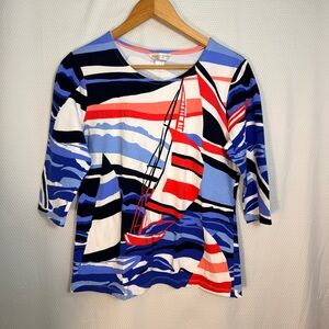 Christopher & Banks Sailboat-Print Long Sleeve Top - Blue, White & Red